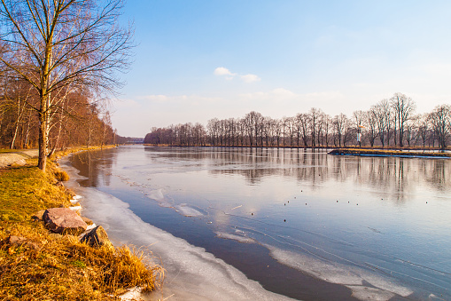 Sunny winter morning at frosty river. Elbe or Labe river