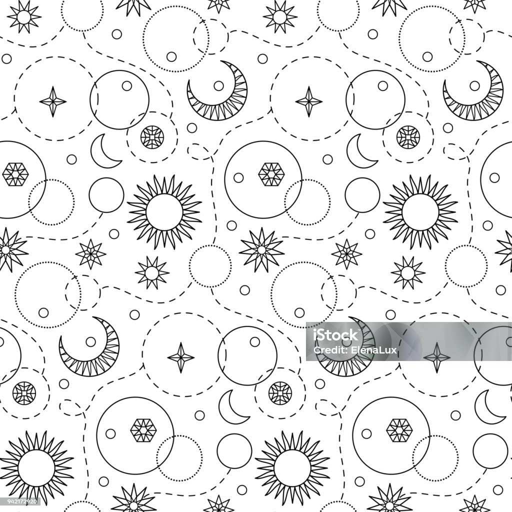 Space Doodle Seamless Pattern Space seamless pattern on white background. Doodle repeat textile print, wallpaper, wrapping, coloring pages. Coloring stock vector