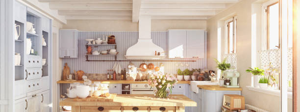 istock retro kitchen in a cottage with sun flares. 3D RENDERING 942174406