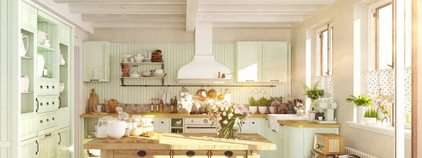 istock retro kitchen in a cottage with sun flares. 3D RENDERING 942174450