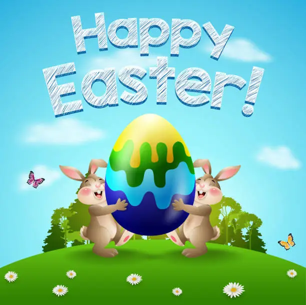 Vector illustration of Happy Easter background with two rabbits and egg. Easter bunnies holding an egg giant in the garden