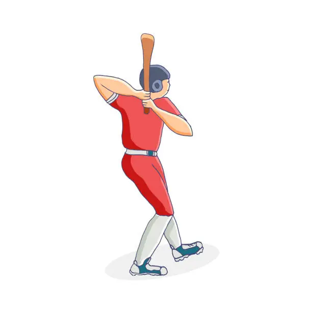 Vector illustration of ПечатьVector hand drawn illustration of a baseball player hitting the ball. Cute cartoon character.  Baseball player.