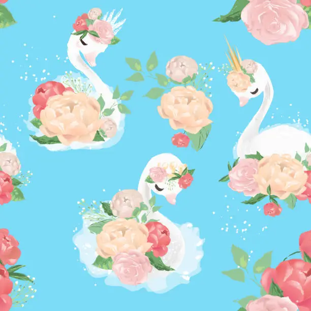 Vector illustration of Beautiful white swan princess with crowns and peony flowers floral bouquets seamless pattern