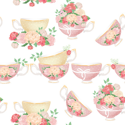 Beautiful pink and beige porcelain tea cups with tied bows and peony flowers bouquets seamless pattern on white background