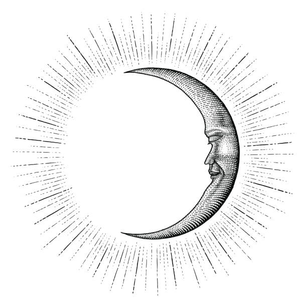 twarz w księżycu z błyszczącym ręcznym rysowaniem vintage grawerowanie linii pieniędzy szczegółowo styl tatuażu - spirituality star night sun stock illustrations