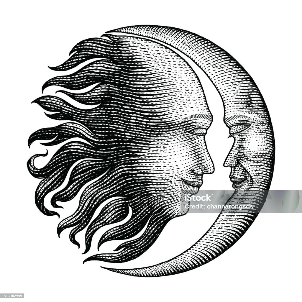 Face In Sun Và Moon Tay Vẽ Cổ Điển Khắc Dòng Tiền Chi Tiết Phong ...