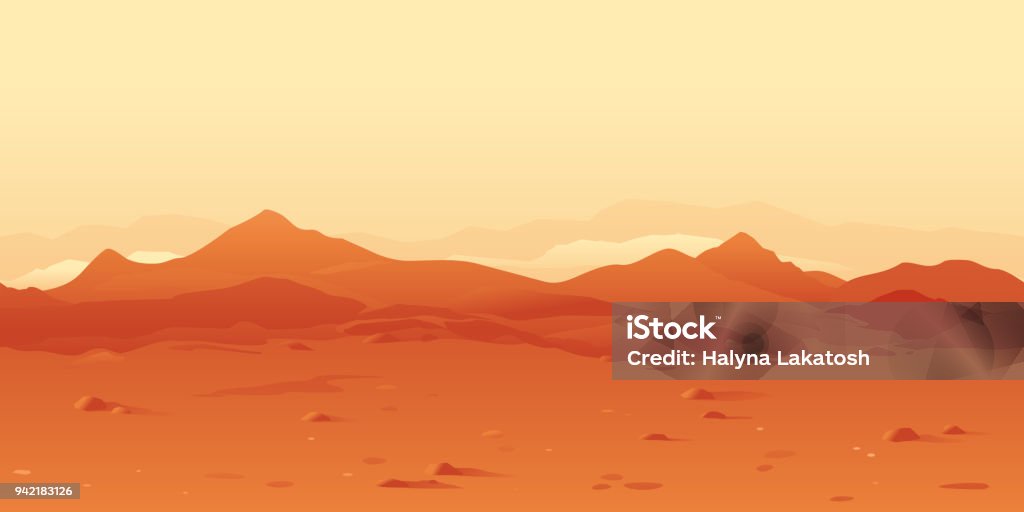 Martian Landscape Background Martian orange landscape background tileable horizontally, sand hills with stones on a deserted planet Desert Area stock vector