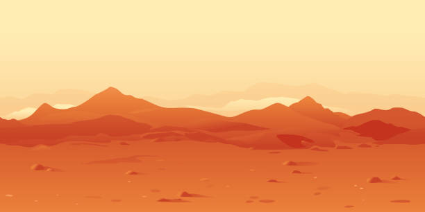 Martian Landscape Background Martian orange landscape background tileable horizontally, sand hills with stones on a deserted planet desert area stock illustrations