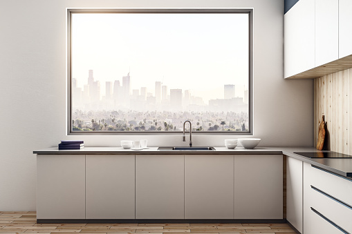 New kitchen interior with panoramic city view. 3D Rendering