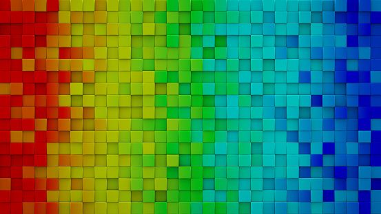 Bright rainbow gradient extruded cubes. Geometric 3D render. Computer generated abstract background