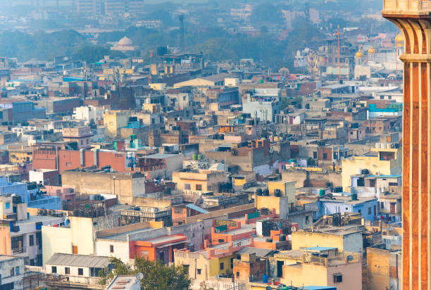 panoramic view of the old part of delhi or new delhi in india - mumbai delhi temple india imagens e fotografias de stock