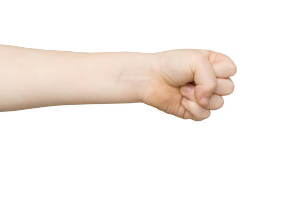 Hand gesture, fight or punch. Kid clenched fist, isolated on white background, cutout