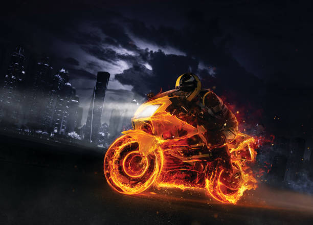 moto antincendio super sportiva con grattacieli sullo sfondo - moto veloce foto e immagini stock