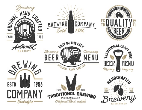 Set emblems with beer objects. Vintage monochrome style. Vector illustration.
