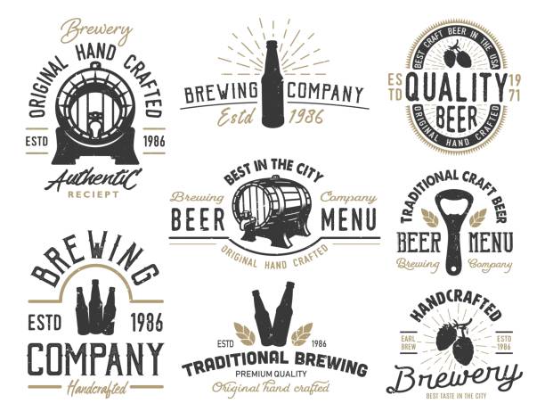 Set emblems with beer objects Set emblems with beer objects. Vintage monochrome style. Vector illustration. brewery stock illustrations