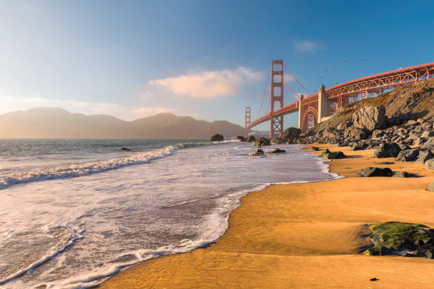 ponte golden gate ao pôr do sol visto da praia, san francisco, califórnia. - baker beach - fotografias e filmes do acervo