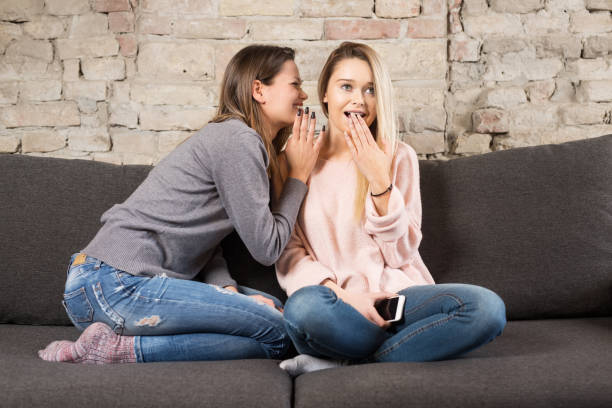 istock Young female friends gossiping on sofa at home 942204546