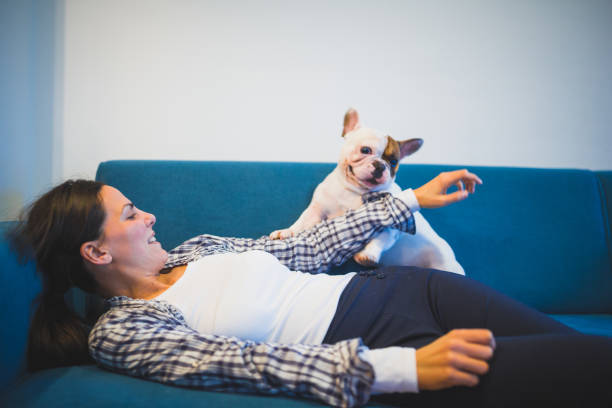 istock Young woman playing at home with her dog 942213092