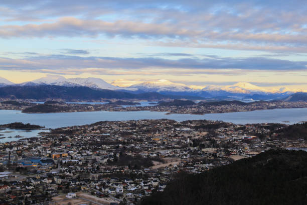Alesund mountains aerial panoramic view from Sula in Norway stock photo