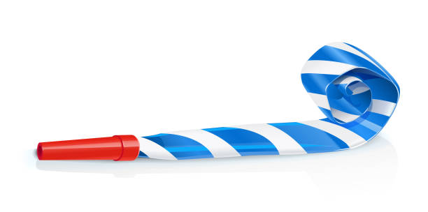 Party whistle for birthday. Party whistle for birthday. Childs sound toy with stripe tube. Celebration symbol. Holiday accessories. Funny Festive decoration. Isolated white background. Vector illustration. loud whistle sound stock illustrations