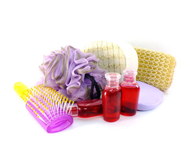 istock soft bath puff towel and shower accessories with space copy background 942221854
