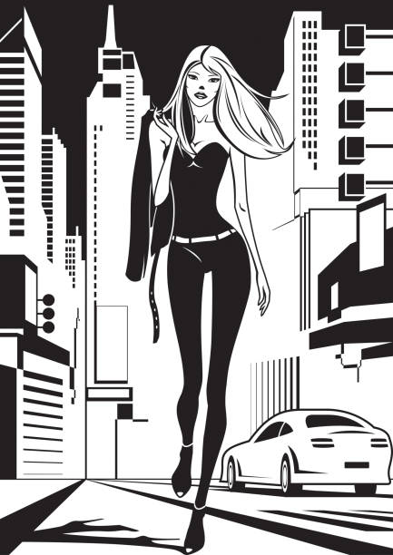Fashion model is walking on a street in New York City Fashion model is walking on a street in New York City - vector illustration times square stock illustrations