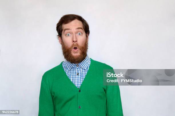 Bearded Man Opens His Mouth In Surprise Stock Photo - Download Image Now - Surprise, Human Face, Awe