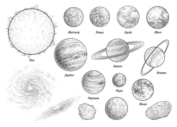 ilustraciones, imágenes clip art, dibujos animados e iconos de stock de ilustración del sistema solar, dibujo, grabado, tinta, arte lineal, vectores - solar system