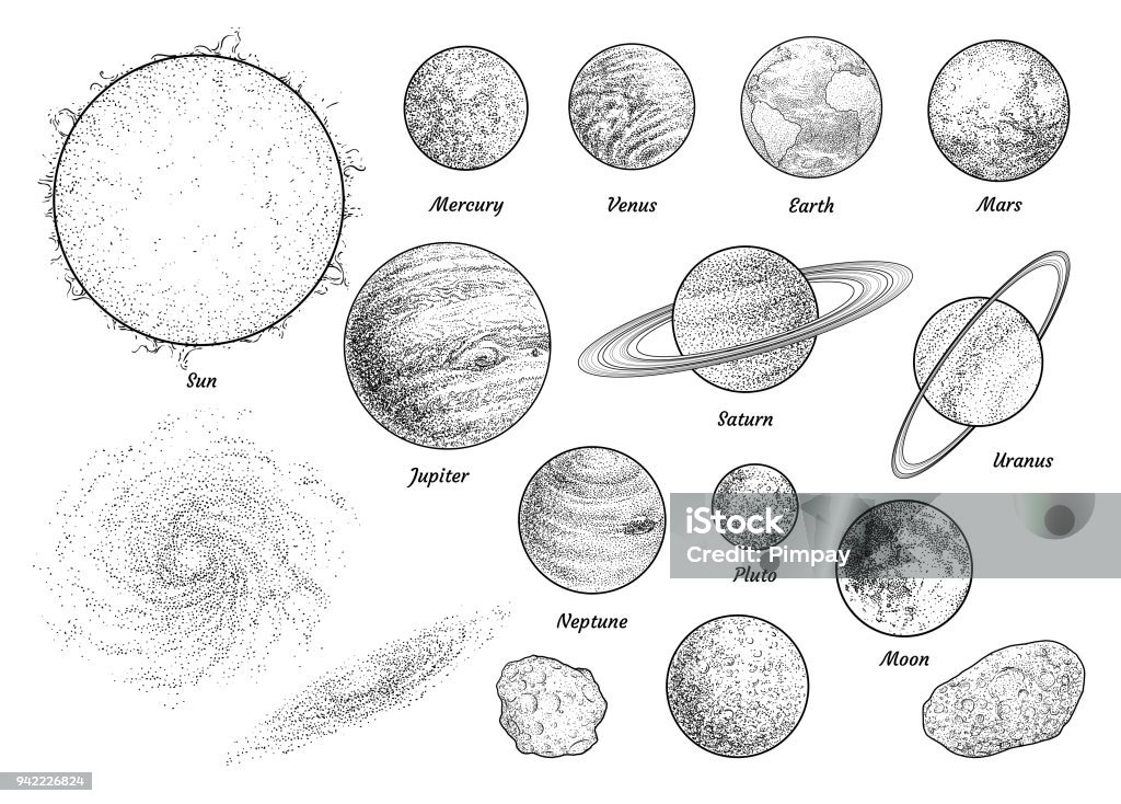 Solar system illustration, drawing, engraving, ink, line art, vector Illustration, what made by ink and pencil on paper, then it was digitalized. Planet - Space stock vector