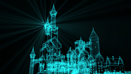 3d rendering - wire frame model of castle with blue light ray