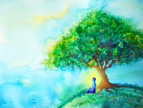 istock blue color chakra human lotus pose yoga, abstract world, universe inside your mind mental, watercolor painting illustration design hand drawn 942234042