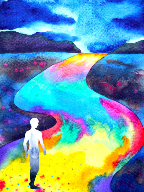 mensch zu fuß in regenbogen straße abstrakte aquarell malerei illustration design von hand gezeichnet - aura alternative medizin illustration stock-grafiken, -clipart, -cartoons und -symbole