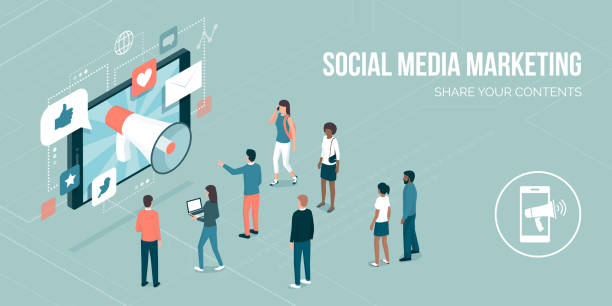 illustrations, cliparts, dessins animés et icônes de médias sociaux marketing - marketing des médias sociaux