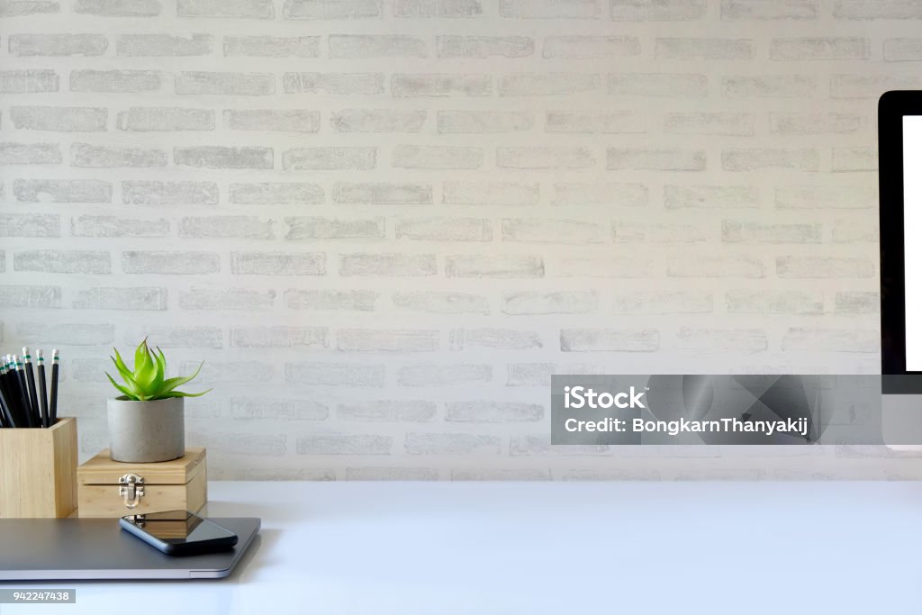 Workspace concept : creative work place desk. Workspace desktop with office supplies and copy space. Desk Stock Photo