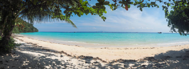 istock Thailand Bright blue water and white sand panorama 942250444