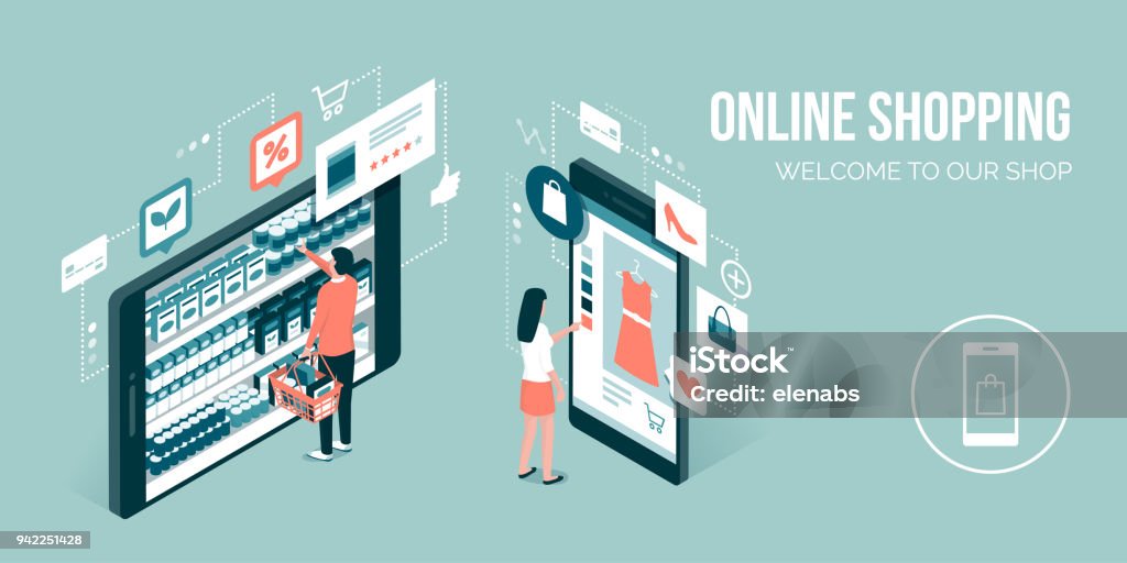 Online shopping app Users doing online shopping and buying grocery items using a mobile app: technology and retail concept Shopping stock vector
