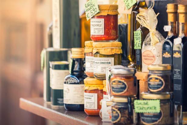 Italian food products A variety of italian food products on offer outside a store in the town of Montepulciano in Tuscany, Italy. savory sauce photos stock pictures, royalty-free photos & images