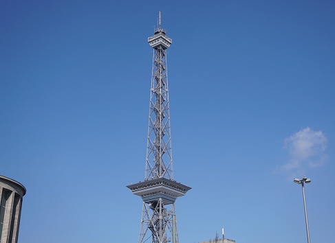 Berlin, Germany - April 2, 2018: Radio tower of Messe Berlin. The Berliner Funkturm is a famous landmark of the German capital, with a restaurant and a 126-metre high observation deck