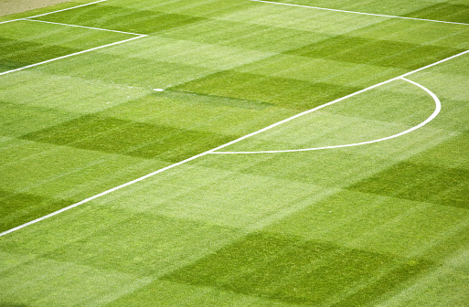 A LGTB flag on a soccer field as seen from above