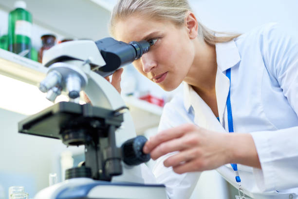 skilled scientist viewing biological substance through microscop - microscop imagens e fotografias de stock