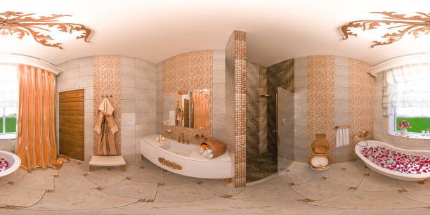 istock 3d illustration spherical 360 degrees, seamless panorama of bathroom interior design in classic style 942266248
