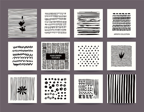 Creative black and white collection of hand drawn tribal textures, paint dabs and abstract stains. Suitable for artistic poster, flyer, invitation, banner, business and greeting card templates. Vector set.