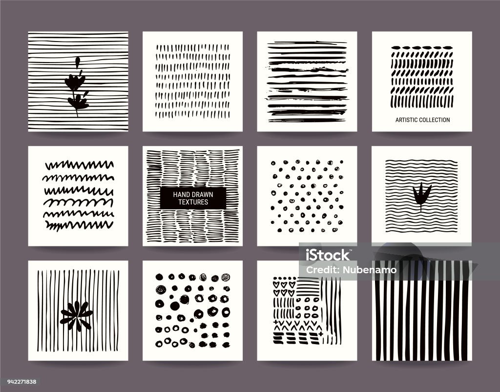 Hand Drawn Grunge Textures Collection. Vector Set Creative black and white collection of hand drawn tribal textures, paint dabs and abstract stains. Suitable for artistic poster, flyer, invitation, banner, business and greeting card templates. Vector set. Pattern stock vector
