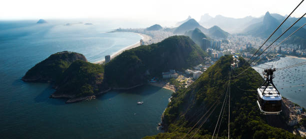 シュガーロ�ーフマウンテン、ブラジルからリオ ・ デ ・ ジャネイロ シティー スカイライン ビュー - rio de janeiro guanabara bay sugarloaf mountain beach ストックフォトと画像