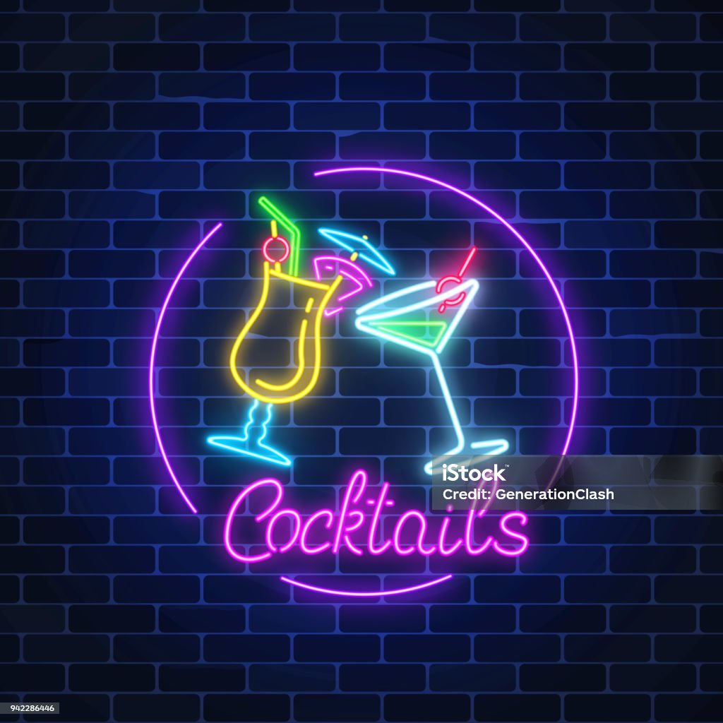 Neon cocktails bar sign in circle frame with lettering on dark brick wall background. Glowing gas advertising Neon cocktails bar sign in circle frame with lettering on dark brick wall background. Glowing gas advertising with glasses of alcohol shakes. Drinking canteen banner. Vector illustration. Neon Lighting stock vector