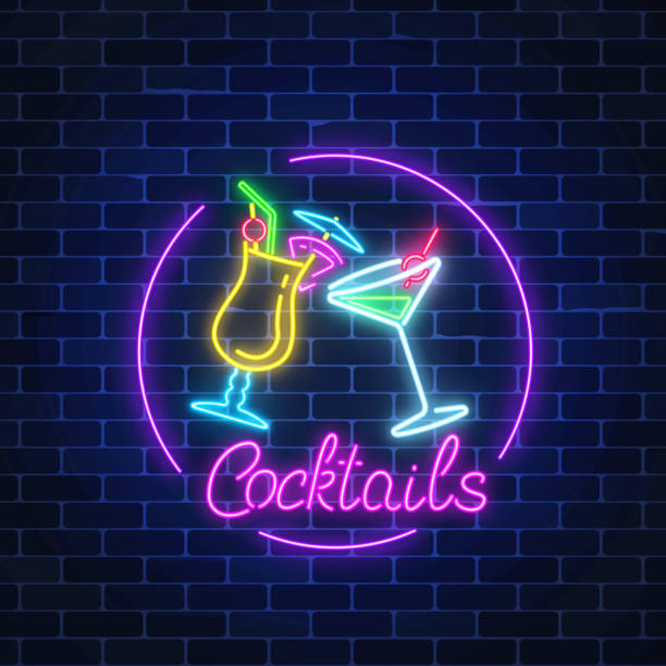 Neon cocktails bar sign in circle frame with lettering on dark brick wall background. Glowing gas advertising Neon cocktails bar sign in circle frame with lettering on dark brick wall background. Glowing gas advertising with glasses of alcohol shakes. Drinking canteen banner. Vector illustration. brick cafe stock illustrations