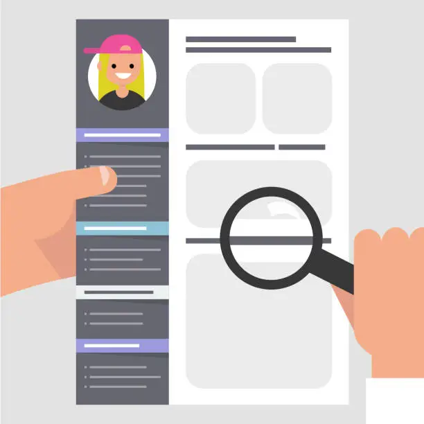 Vector illustration of Looking for an employee. CV template. HR holding a magnifying glass. Personal information. Skills and experience. Flat editable vector illustration, clip art
