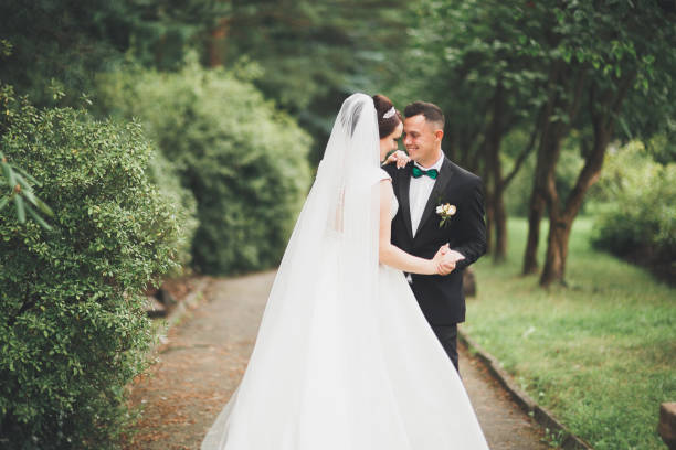 istock Happy wedding couple walking in a botanical park 942297814