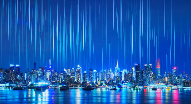 Smart city and connection lines. Internet wifi concept of global business, New York City, USA. Smart city and connection lines. Internet wifi concept of global business, New York City, USA. new york city skyline new york state night stock pictures, royalty-free photos & images