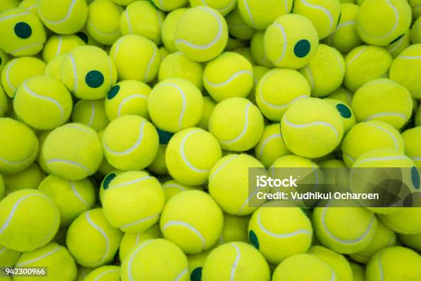 Lot Of Virant Tennis Balls For Sport Background Stock Photo - Download Image Now - Tennis Ball, Above, Basket